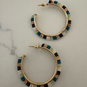 Gold Hoop Earrings with Teal, Navy, and Cream Bead Accents — Unbranded